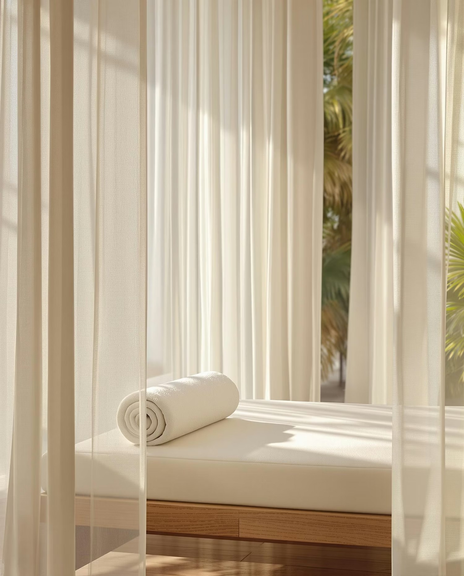 Sheer white curtains filtering warm golden light, representing softness, rest and cyclical feminine energy