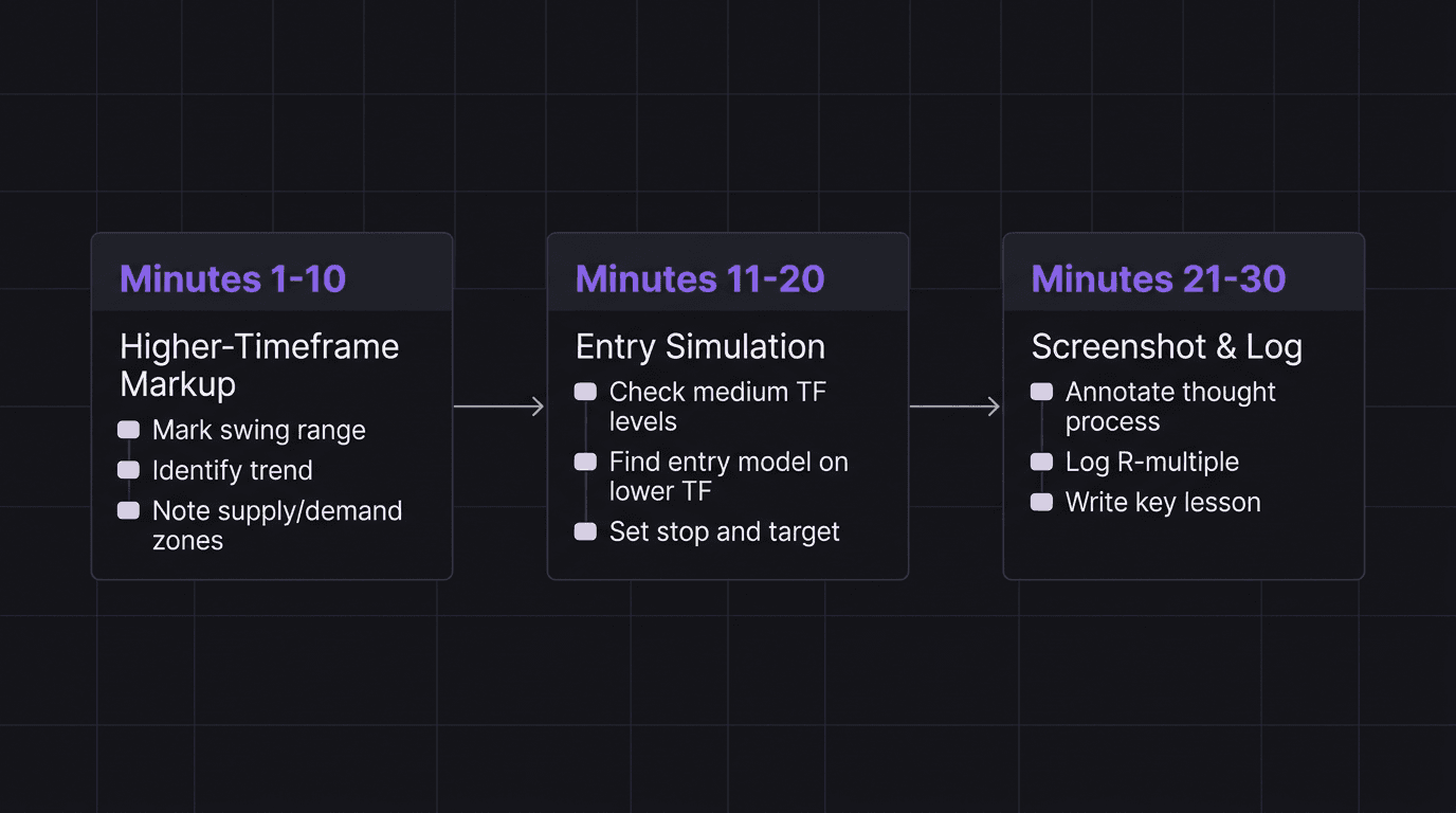Flowchart showing the 30-minute forward testing daily routine in three blocks