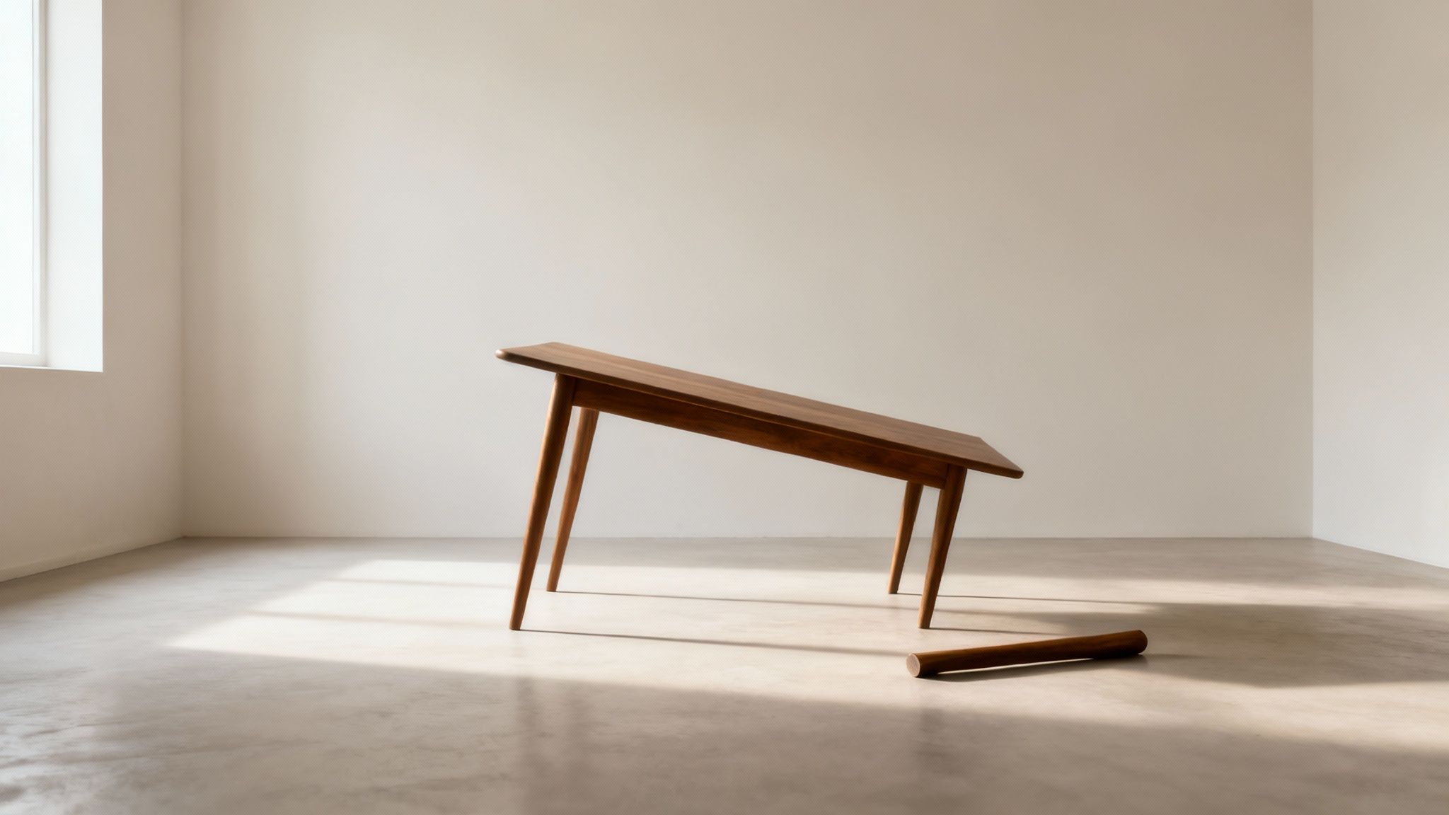 A modern, minimalist room with a tilted wooden table and a wooden roll on a light floor, illuminated by sunlight.