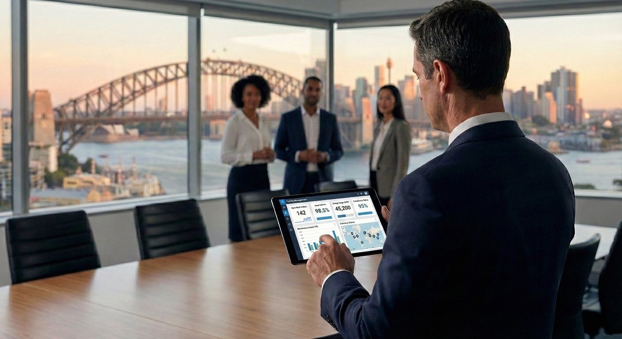 An executive in a modern office overlooking Sydney Harbour uses a tablet to analyse facility management software metrics and charts, demonstrating a strategic approach to managing Australian property portfolios.