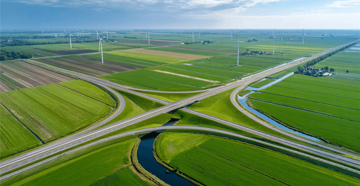 Knooppunt van meerdere wegen in Nederlands landschap