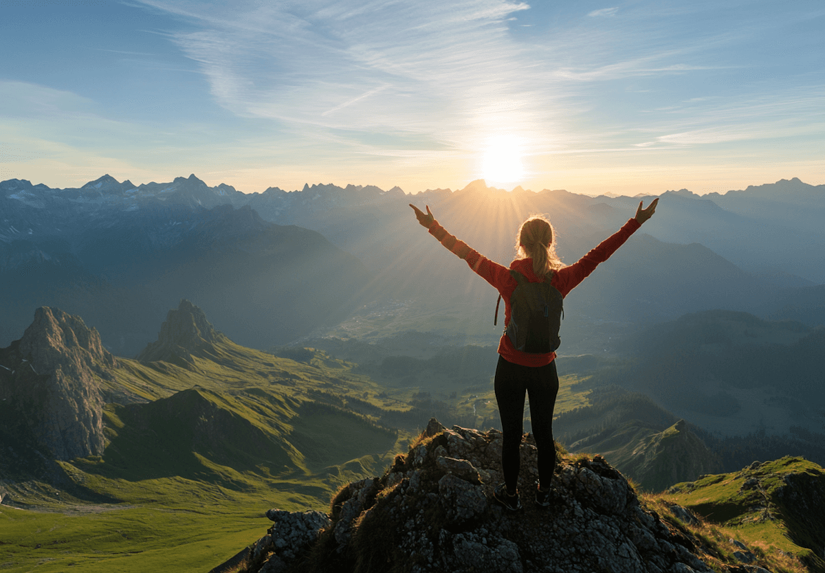 Woman celebrating on a summit at sunrise, reflecting confidence, resilience, and reduced anxiety symptoms.