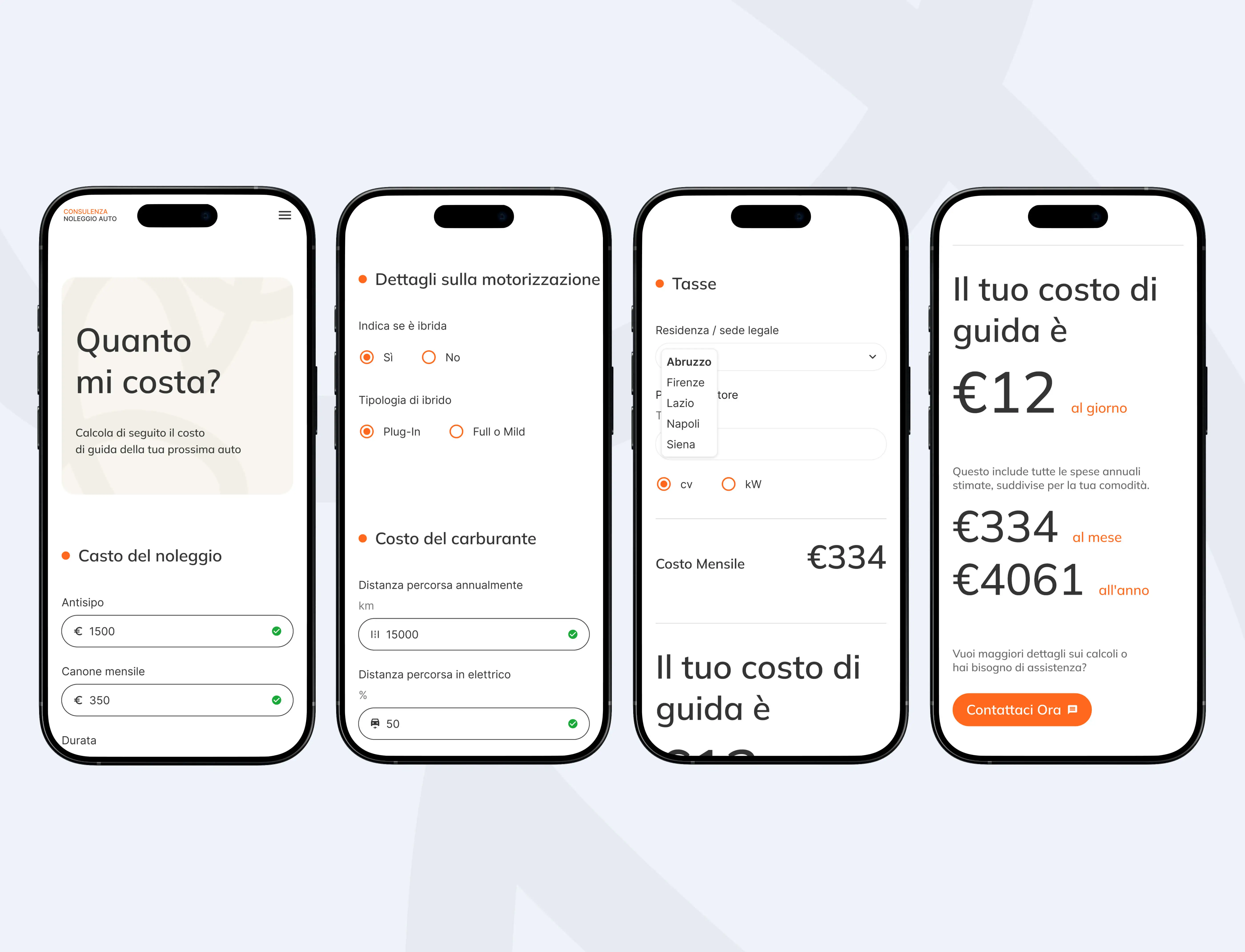 Mobile version of the CarRent calculator — three steps to calculate car costs on a smartphone