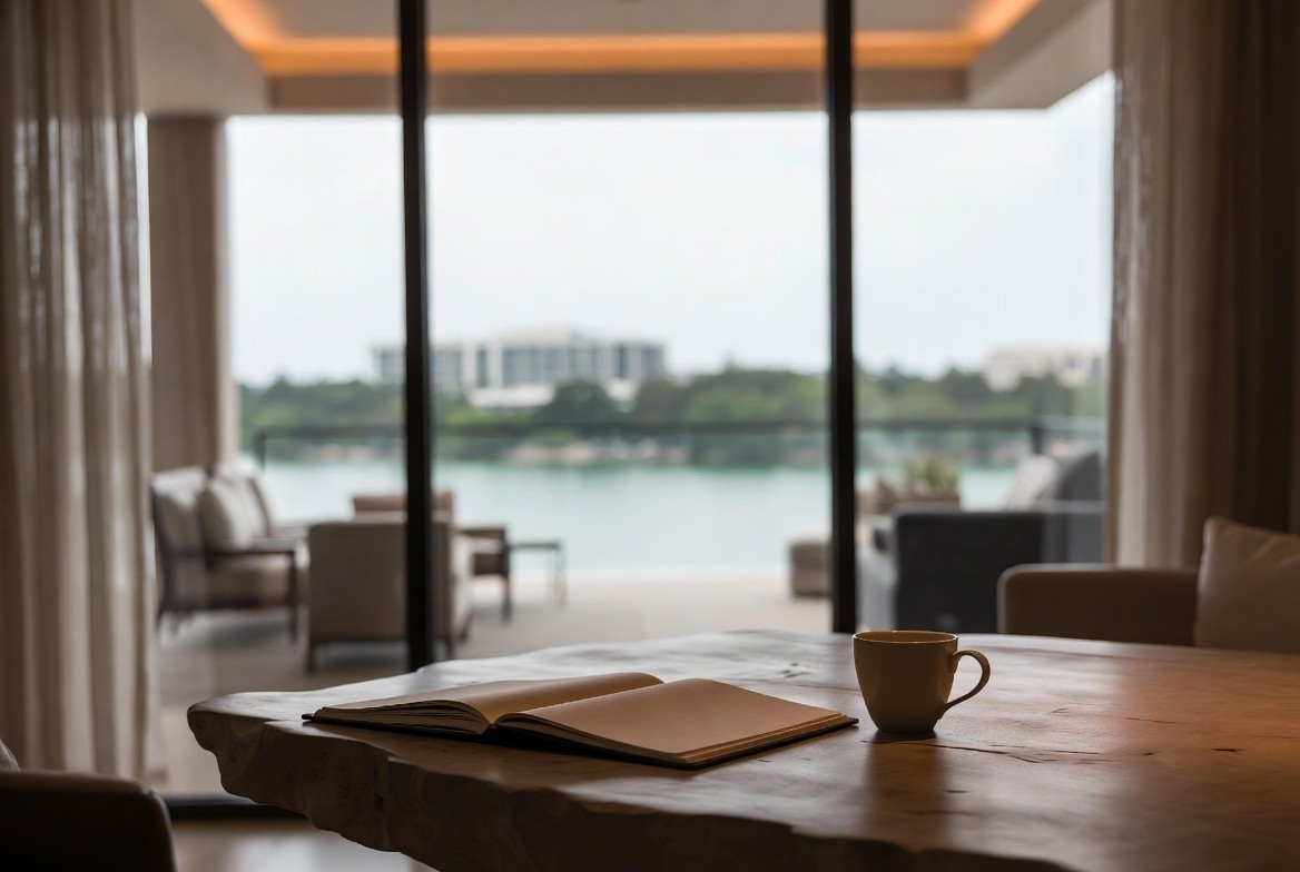 Wood dining table with open book and coffee cup overlooking waterfront views