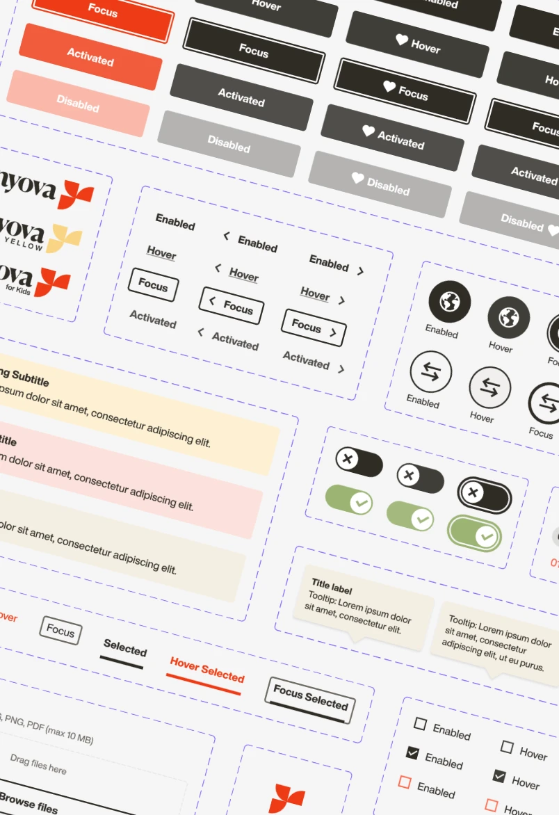 Overview of the Inyova design system, showcasing core UI components and patterns used across web and mobile.