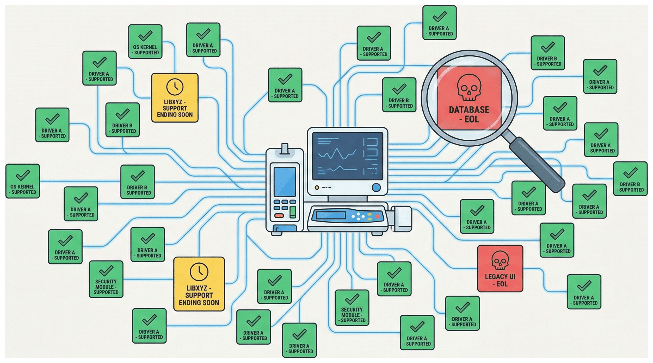 A hero illustration showing a medical device connected by lines to software component boxes with green, yellow, and red status indicators
