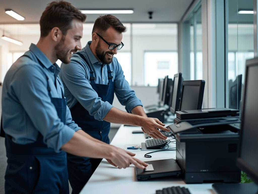 A friendly technician assisting a customer with a laptop, demonstrating customer service and technical support in a business setting