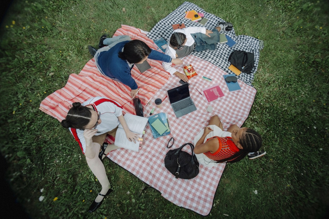 A group working and sharing food in a picnic setting.