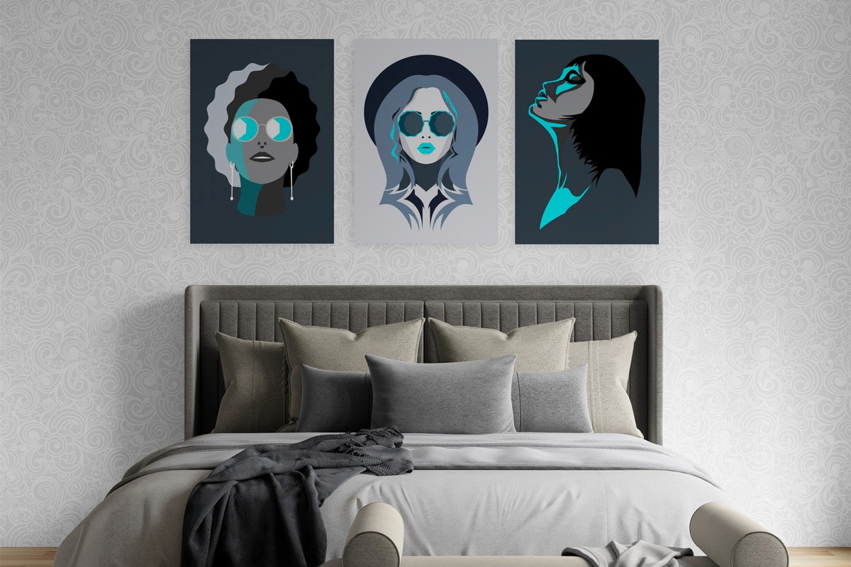 Monochrome wall art in a bedroom