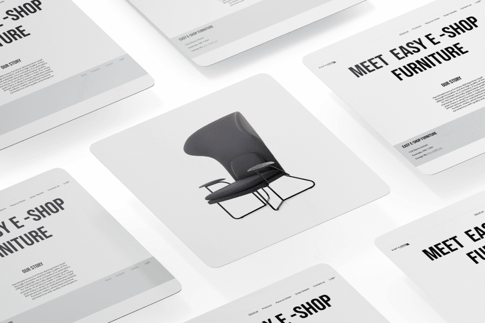 A creative isometric grid layout of furniture products, showcasing chairs from multiple angles on a minimalist white background.