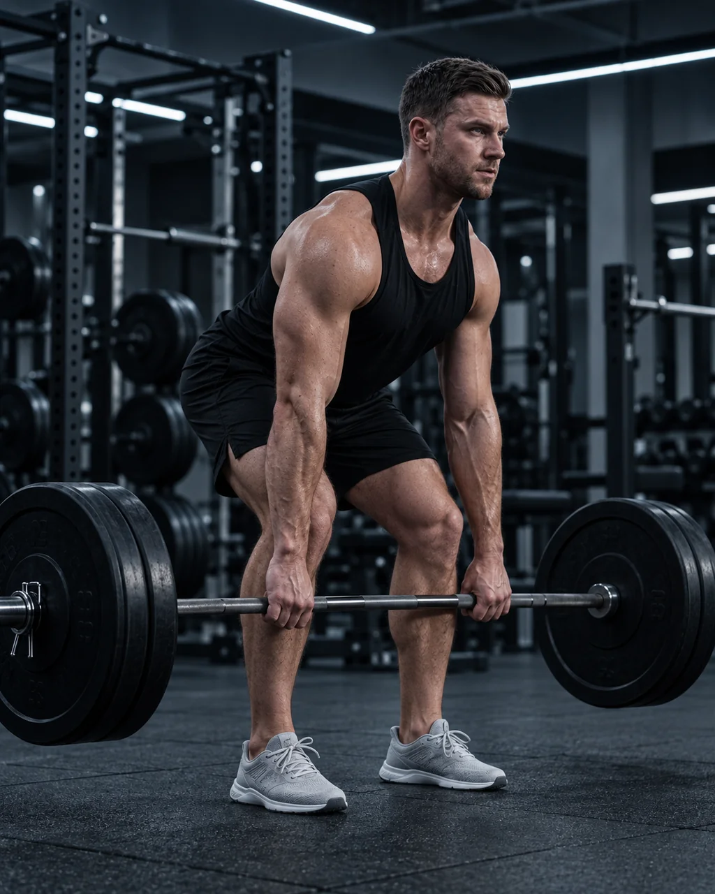 A male athlete preparing for a heavy barbell deadlift in a dark gym