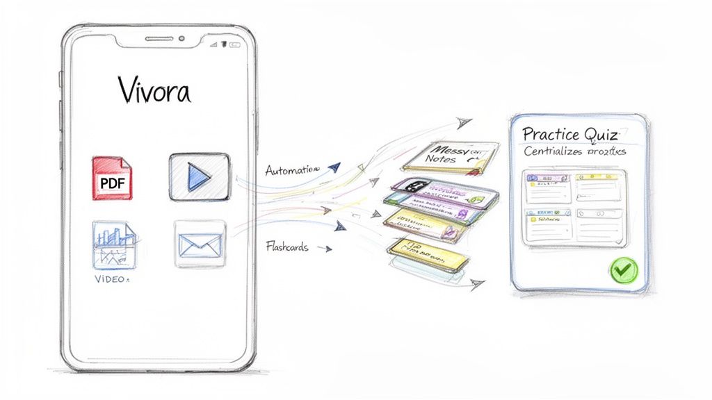 Vivora app processes PDFs, videos, and emails into notes, flashcards, and practice quizzes for study.