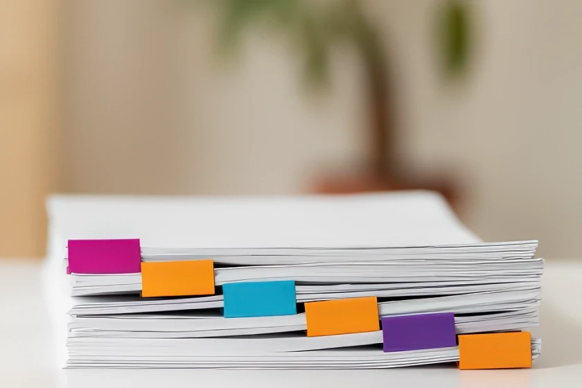 A stack of white paper sheets is sitting on a desk. The papers are divided and marked with colored tabs, which indicates organization and document management.