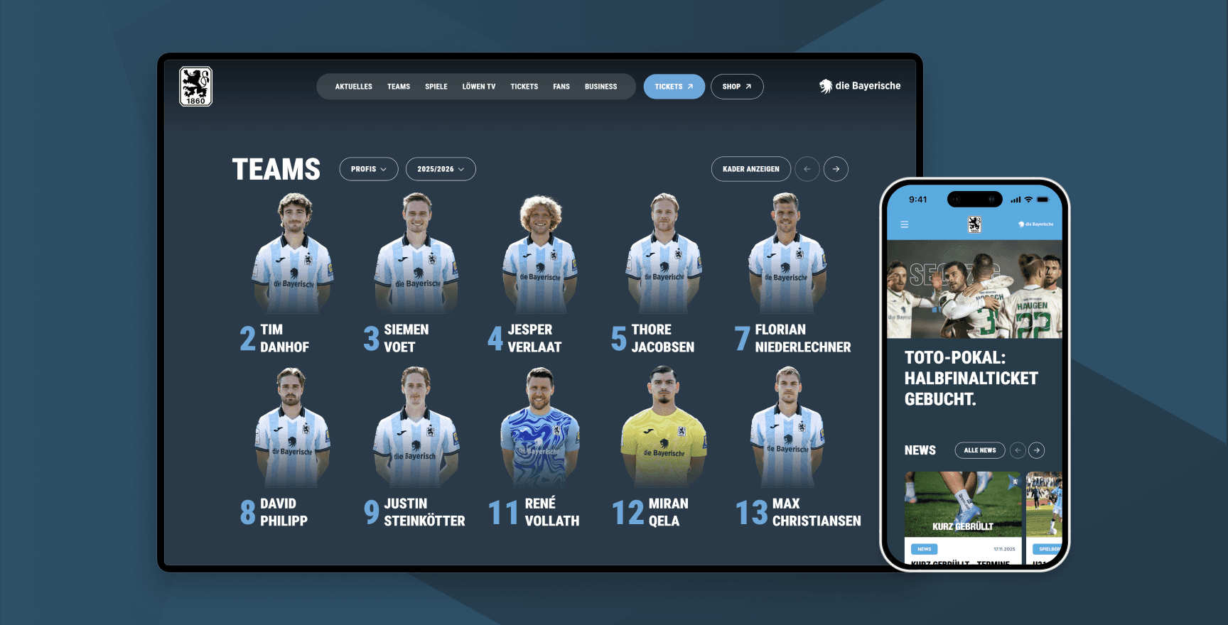 Digital team page of TSV 1860 Munich with player portraits of the professional squad for the 2025/2026 season. In the desktop view, players like Tim Danhof, Siemen Voet, Jesper Verlaat, and René Vollath are showcased. On the right, the mobile website with news and match updates is displayed. Modern responsive club presentation of the traditional Munich club.