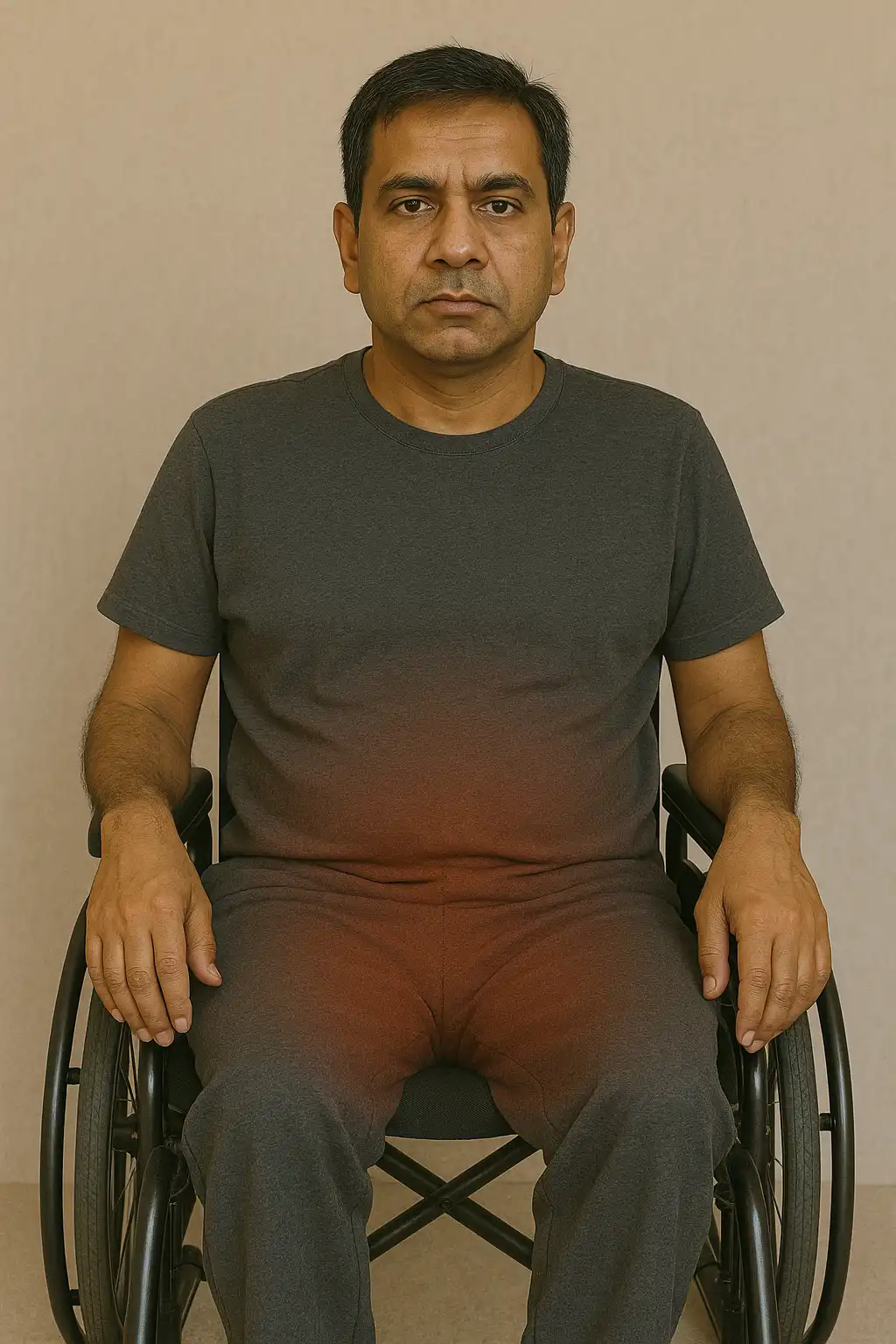 A man seated in a wheelchair with reduced arm mobility, looking straight ahead with a neutral expression, representing quadriplegia.