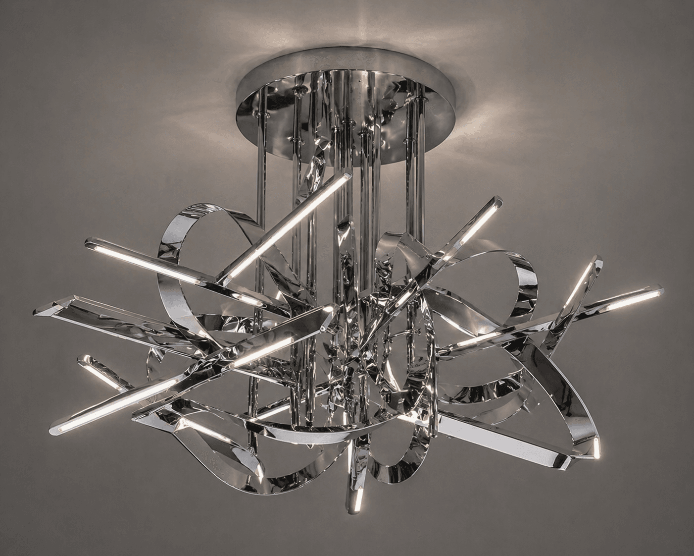Custom sculptural chrome chandelier with contemporary geometric design