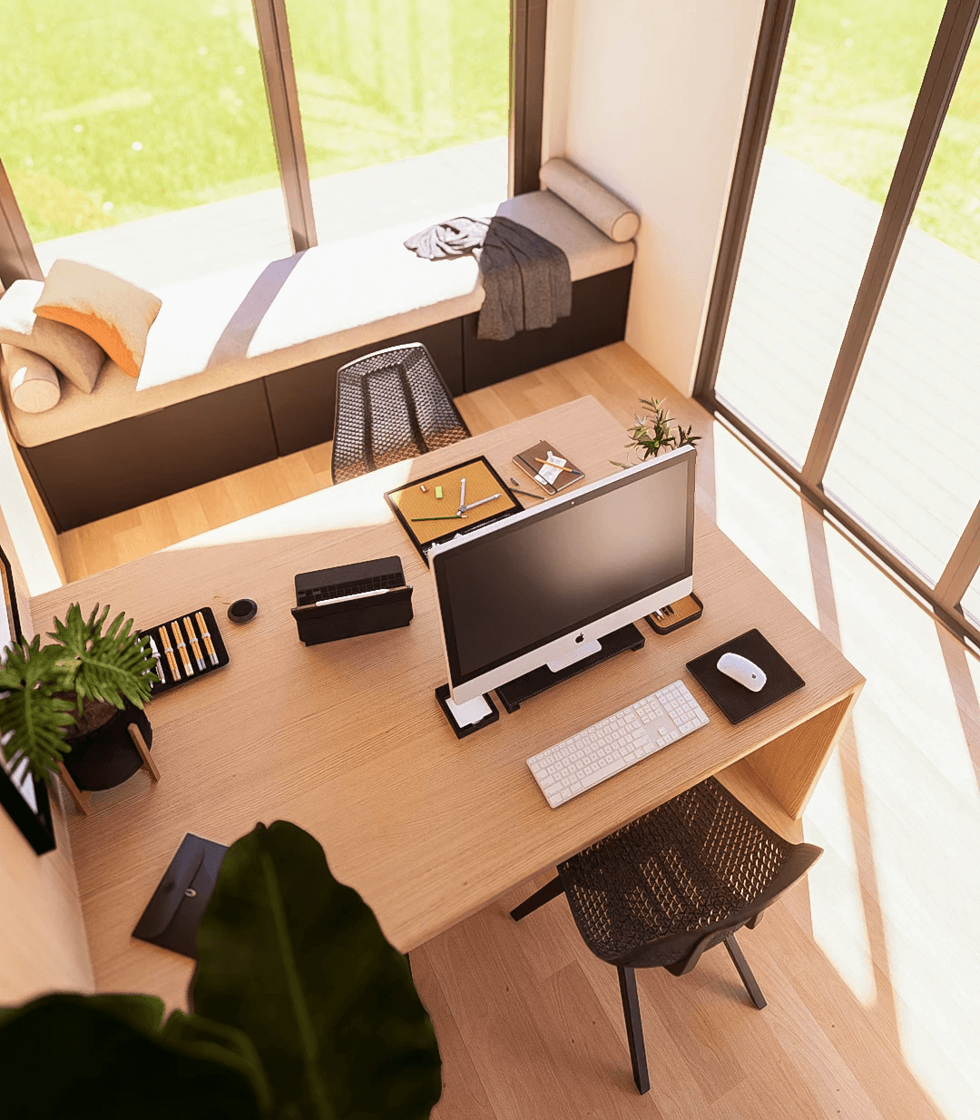 Free-standing desk in a tiny office