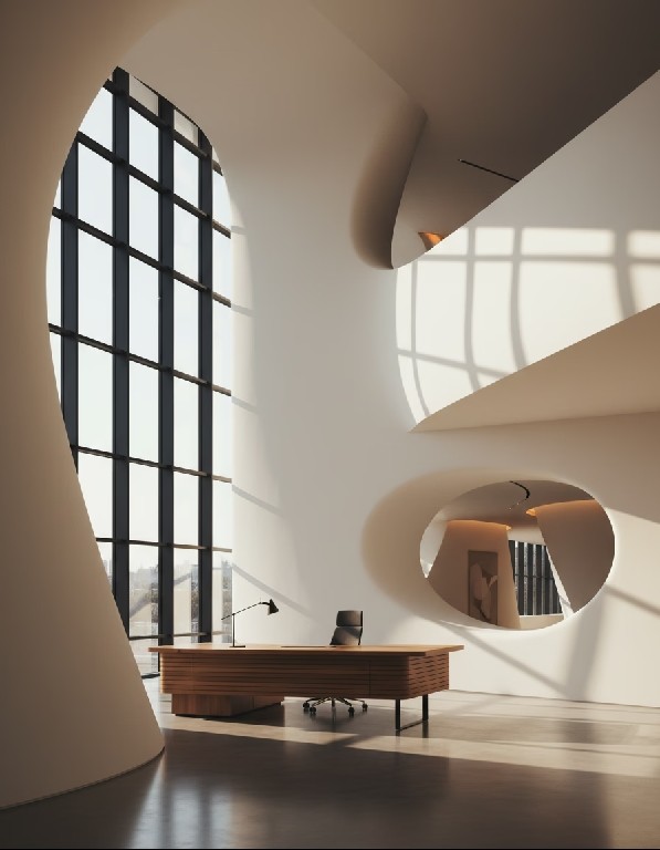 Circular cutout detail in a smooth white wall with layered spatial depth behind