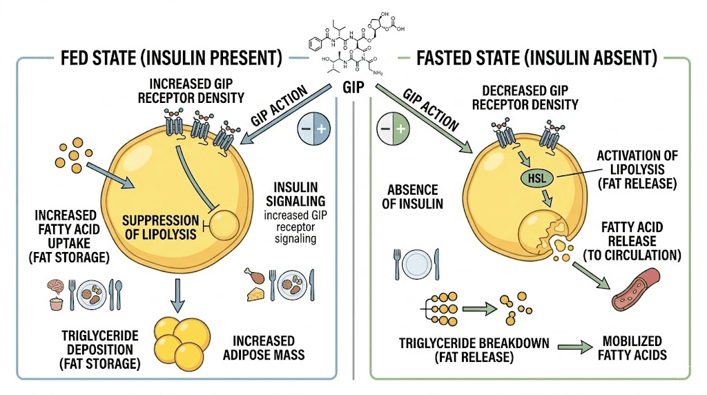 How GIP receptor activation affects fat cells in fed and fasted states