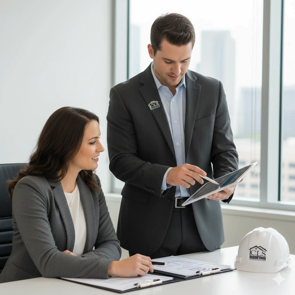 A professional project manager in business attire presenting a tablet or documents to a property manager in an office or on-site.