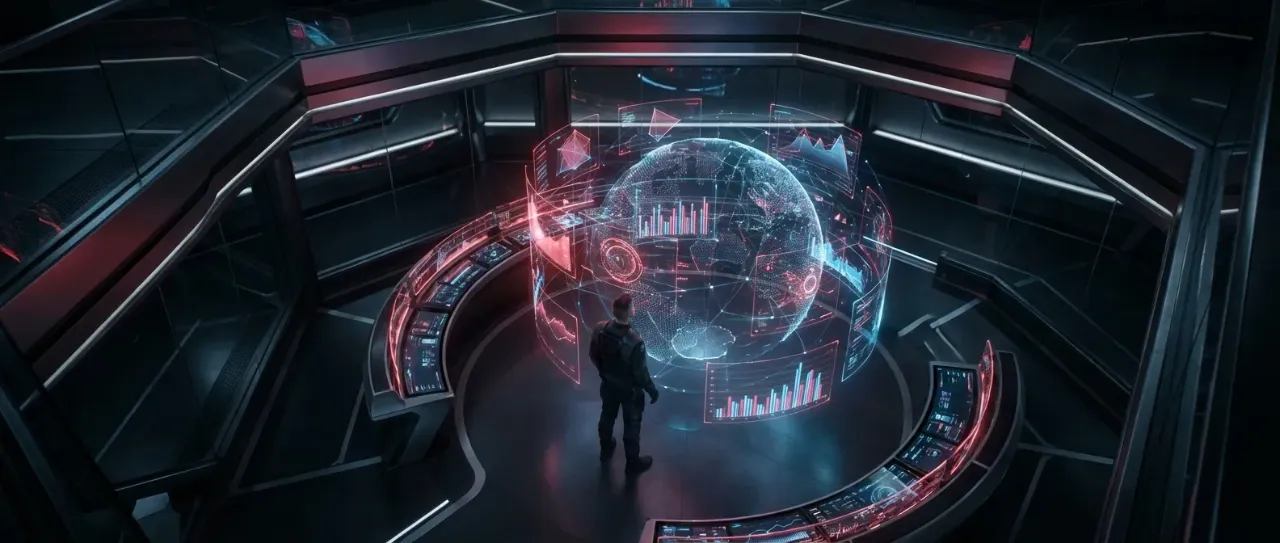 Futuristic dashboard at RockN' Socials Digital Marketing Agency headquarters.