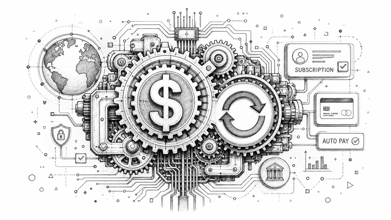 A detailed technical drawing of mechanical gears representing digital subscription billing, automation, and global financial transactions.