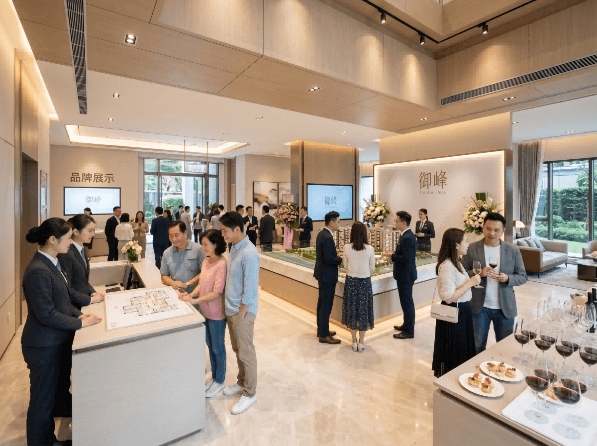 香港地產新盤開售活動策劃，專業團隊於豪華展銷廳向客戶介紹樓盤模型及平面圖細節。