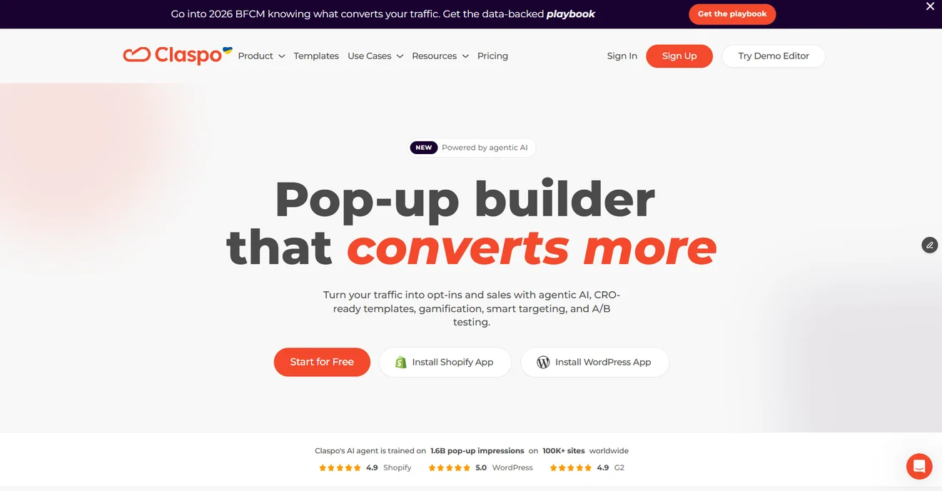 Claspo popup builder homepage with agentic AI and CRO-focused popup tools