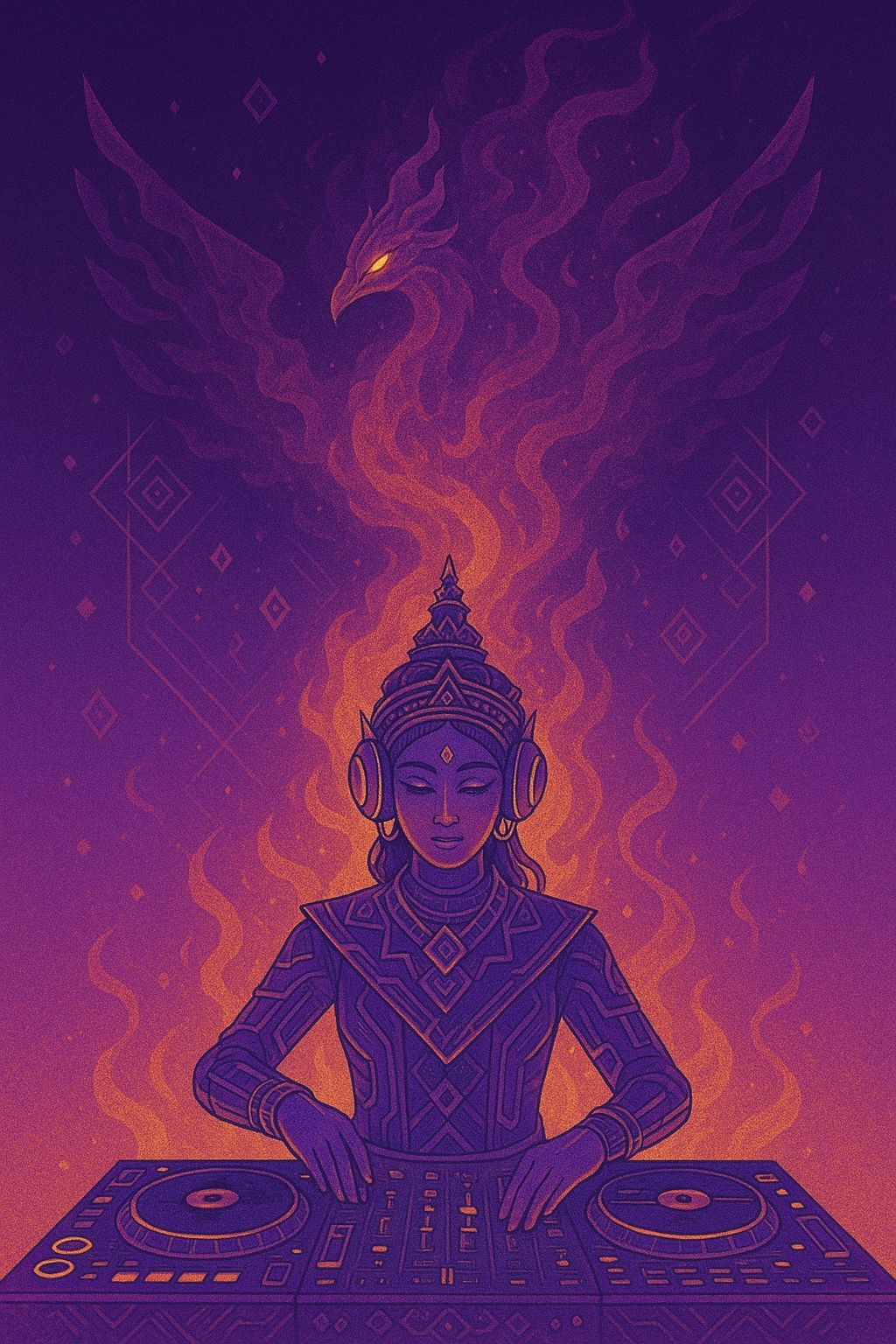 Woman wearing traditional Asian dress playing dj equipment