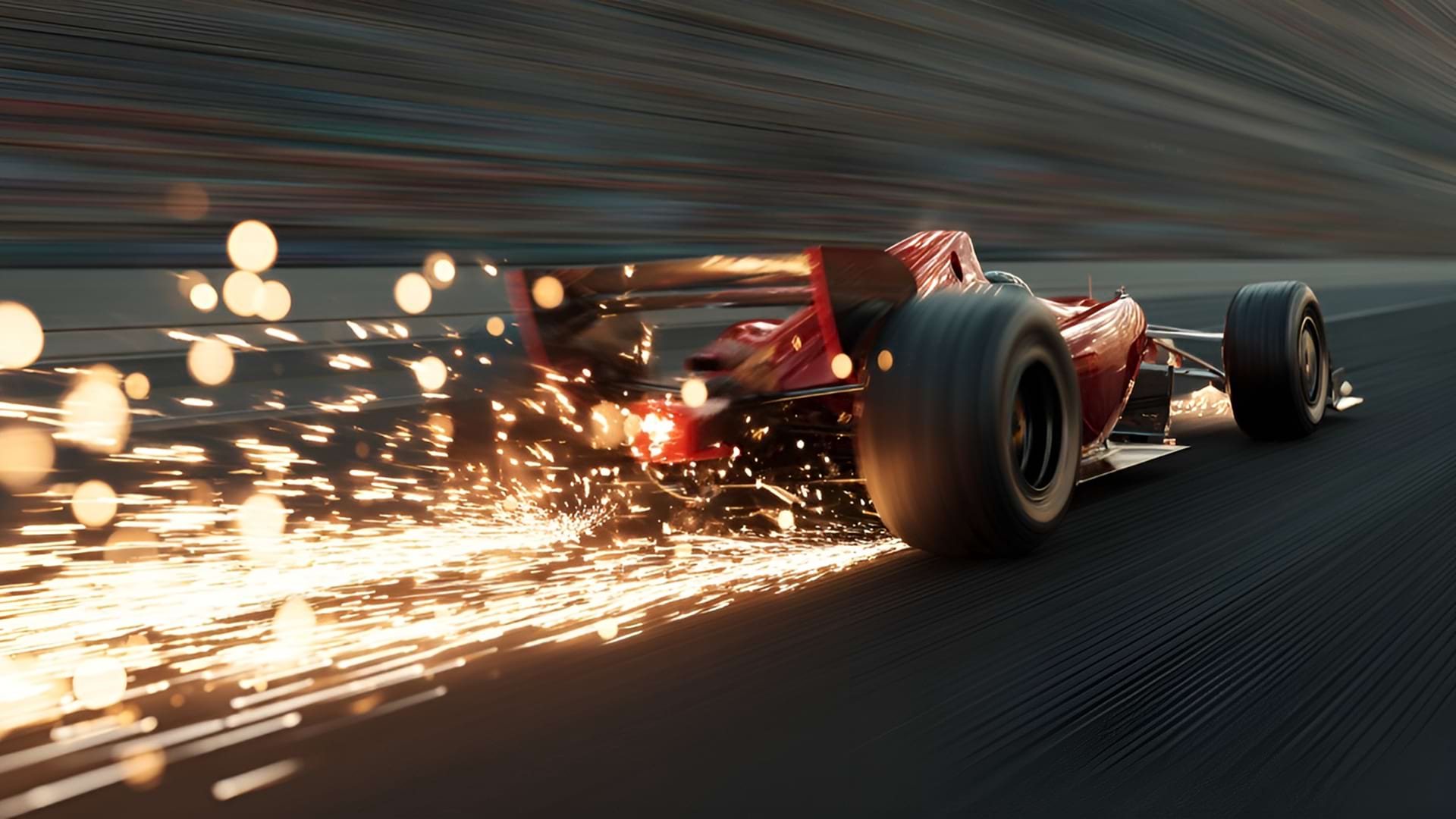 A red Formula 1 car speeds on a racetrack, emitting bright sparks from the rear, creating a dynamic and thrilling scene of high-speed motion.