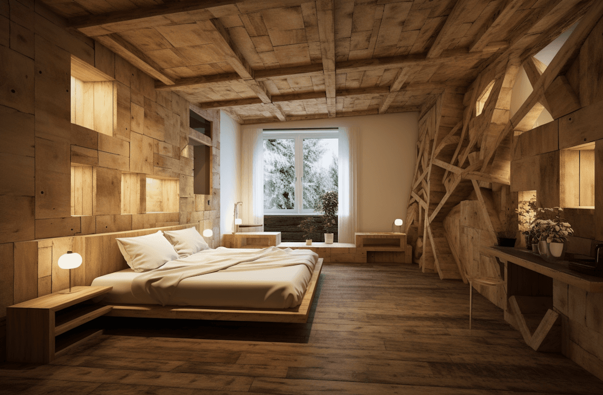 Rustic wooden bedroom with exposed beams and a cozy bed near a window.