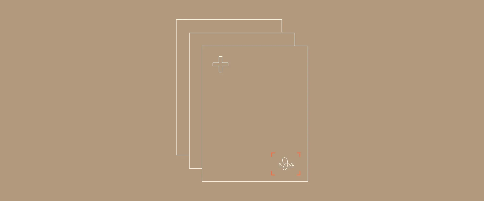 Layered documents with a plus sign graphic and a signature.