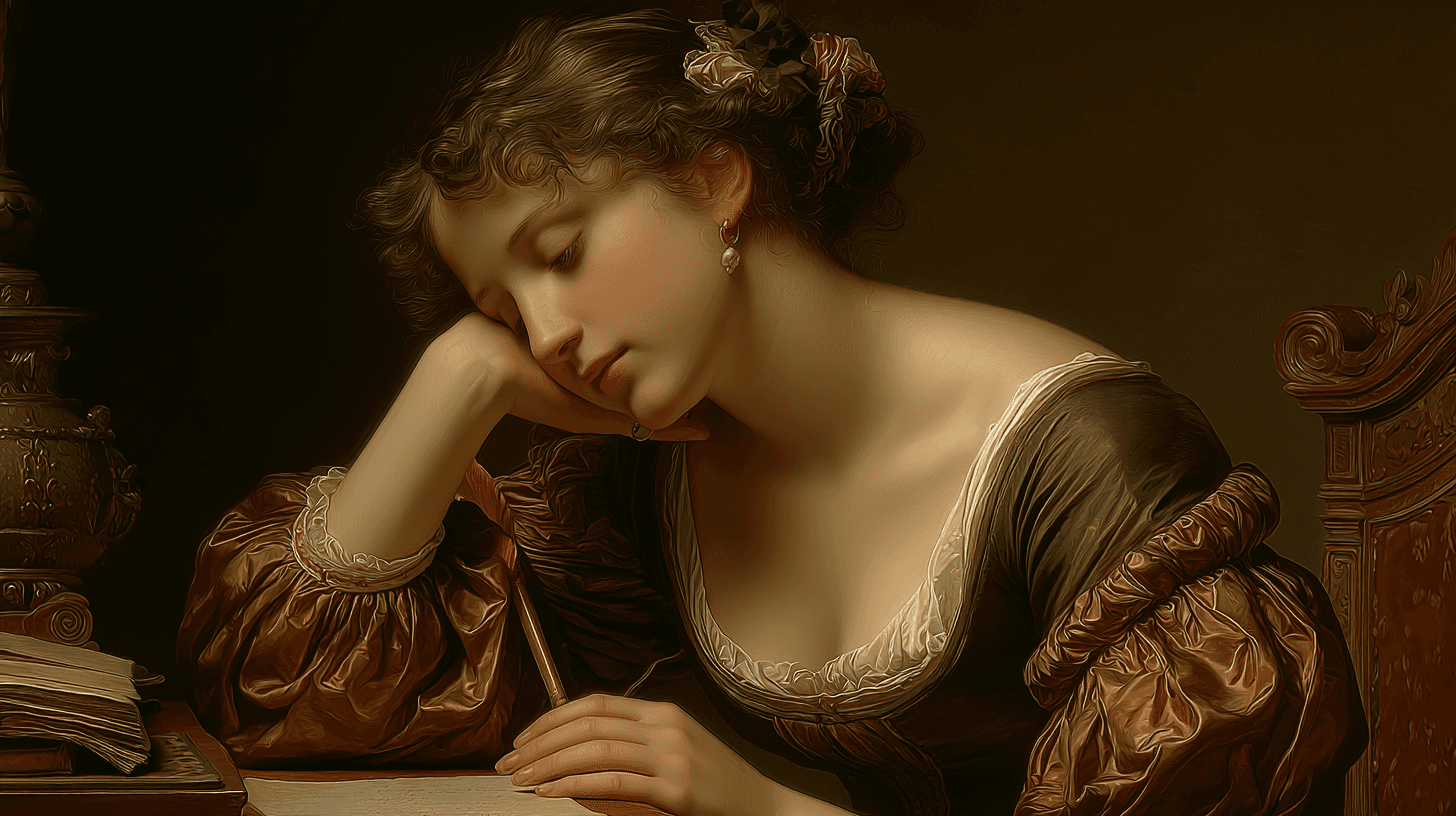 Renaissance-inspired portrait of a woman writing beside candlelit shadows
