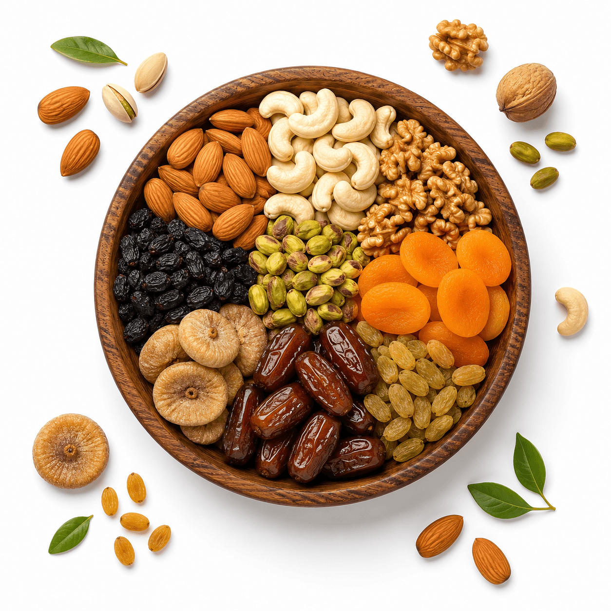 Assorted nuts, raisins, dates, and dried fruits arranged in a wooden bowl