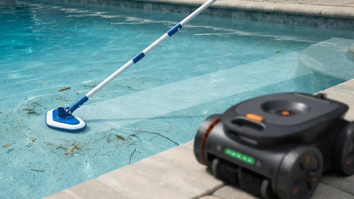 Manual pool vacuum cleaning debris from a swimming pool floor