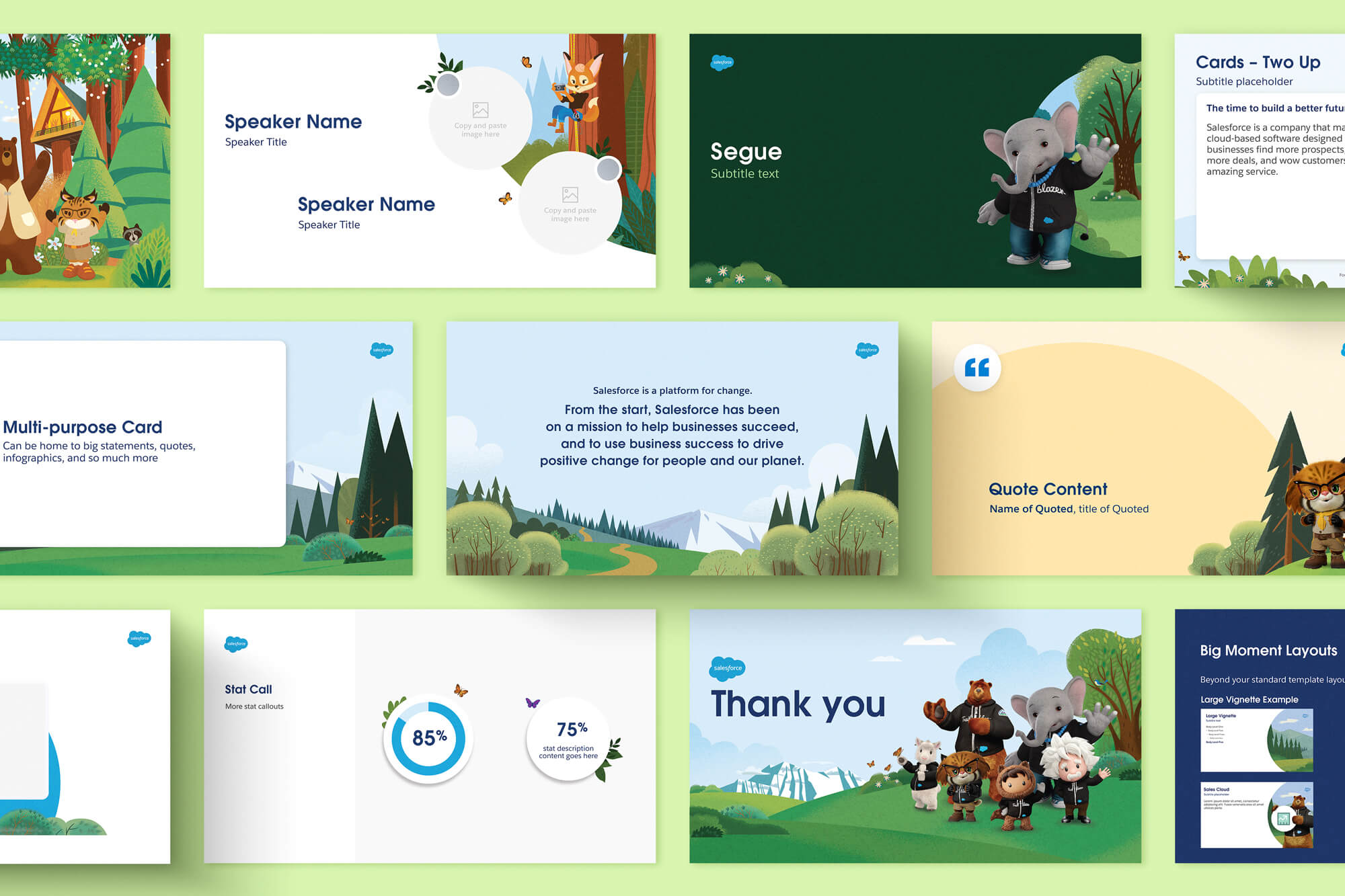 Salesforce keynote presentation slides using character illustrations, forest themes, and data callouts for Dreamforce.
