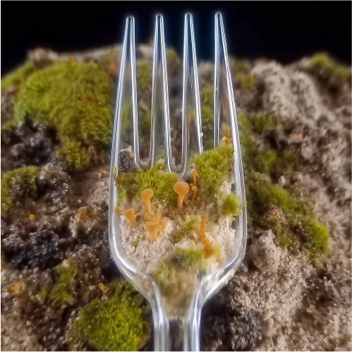 Disposable plastic fork in soil filled with moss and tiny fungi.