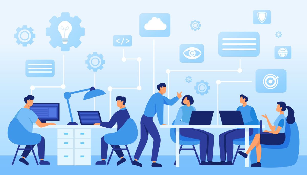 Illustration of a person surrounded by symbols like a question mark, light bulb, gears, and puzzle pieces.