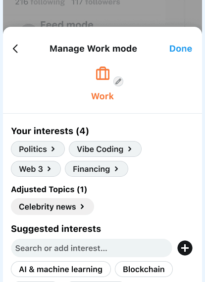 Manage Work mode with a separate Adjusted Topics group holding the topic tuned from the feed