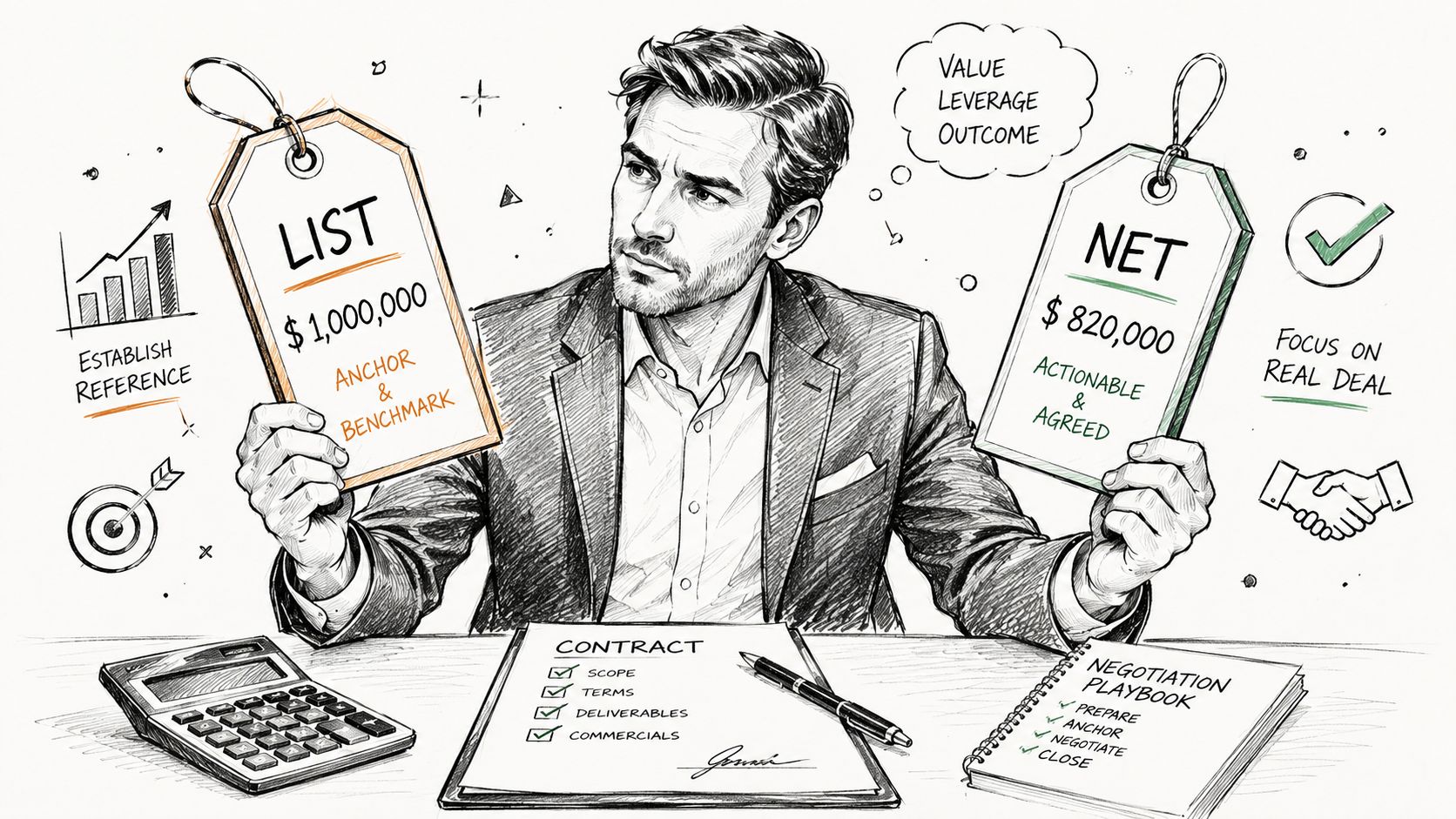 A professional man weighing list price and net price options in a business negotiation strategy concept sketch.