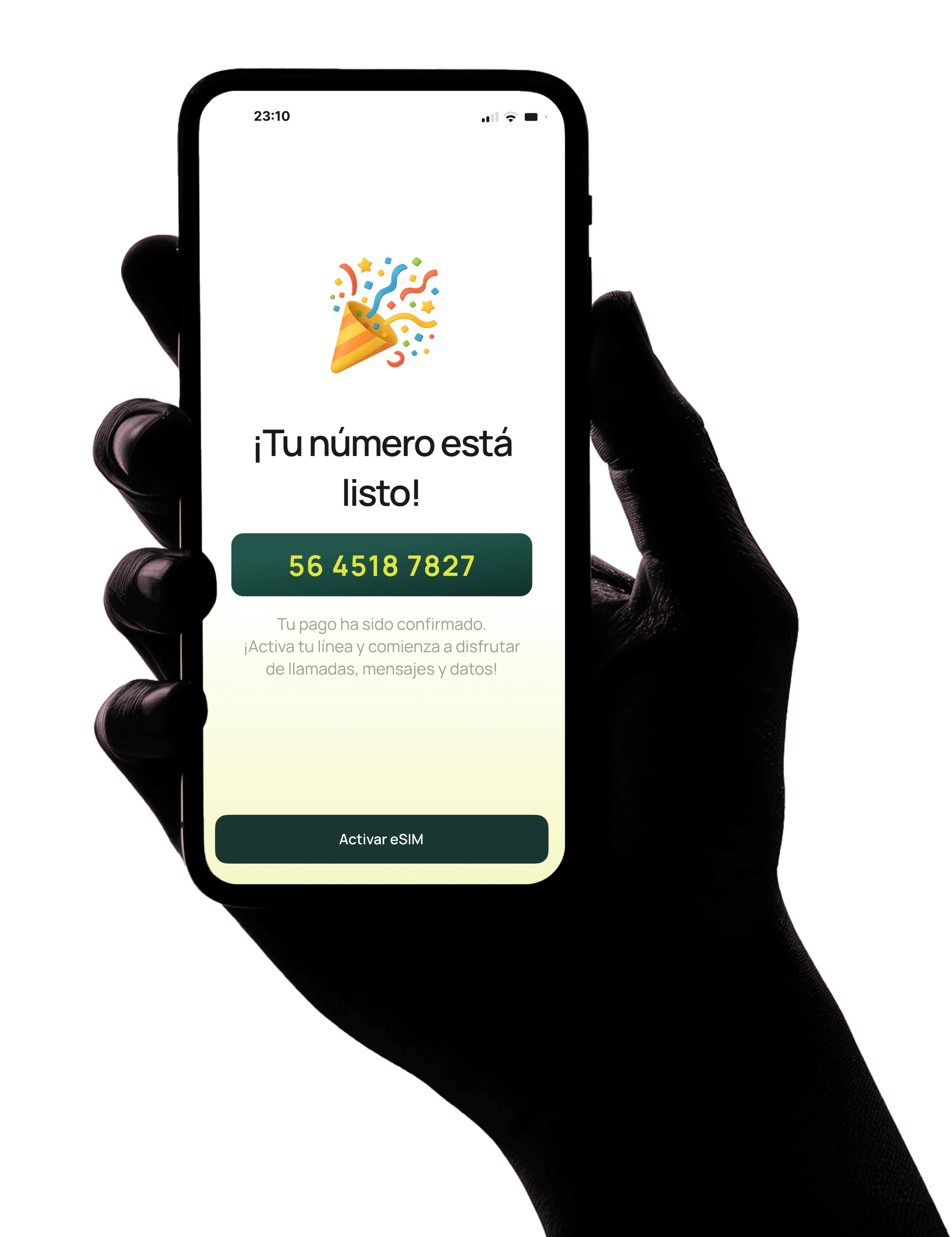 mockup de la aplicación de supr mostrando la compra de un nuevo número en la aplicación