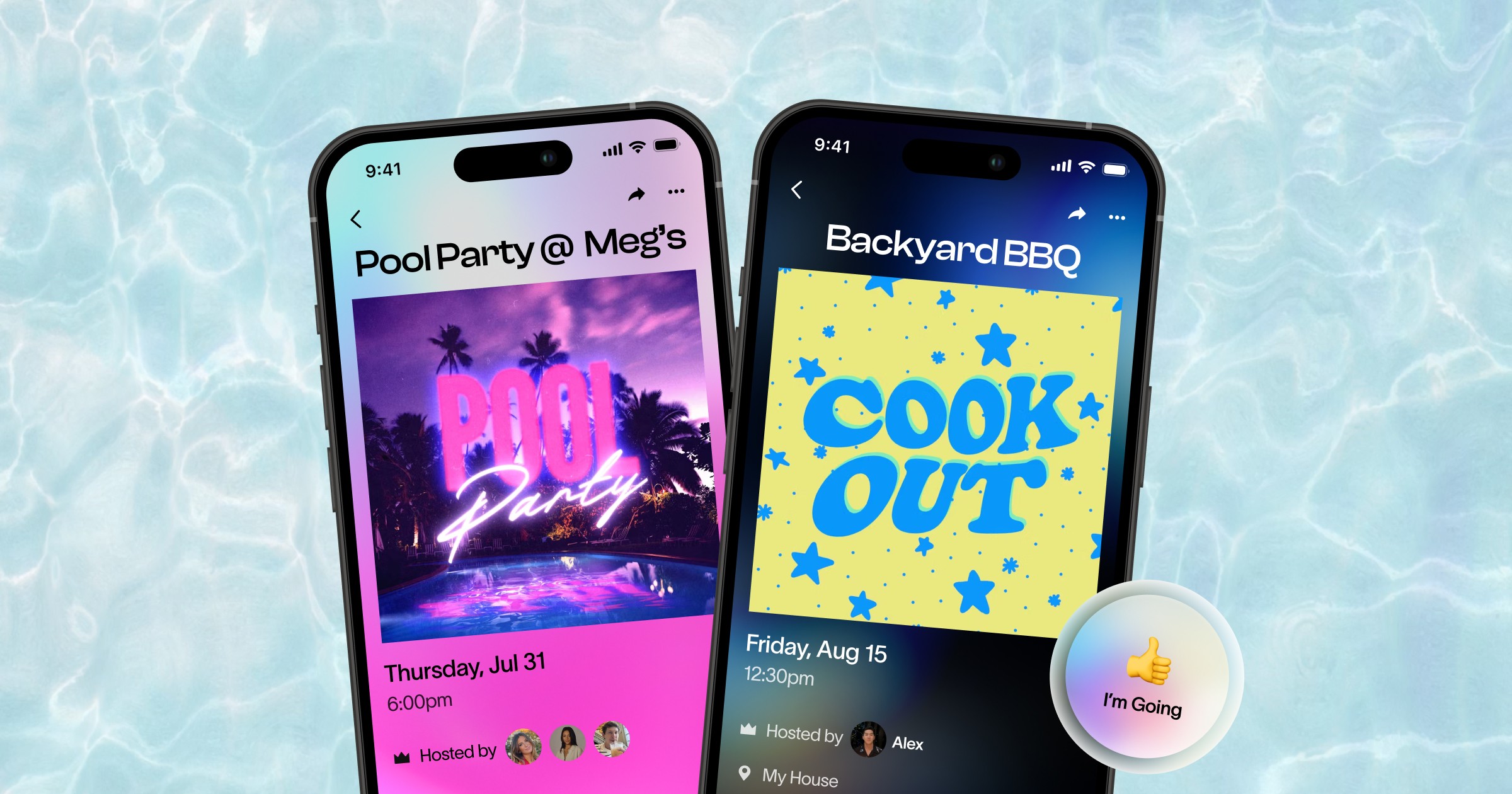 Two phones display customizable baby shower digital invitations against a dreamy pastel background with sparkles. The left screen shows a vintage-style online baby shower invite reading “Em’s having a baby!” with a blue bow design. The right screen features a modern floral digital baby shower invitation titled “Welcoming Olivia.” A floating RSVP button says “I’m Going.” Perfect for creating and sending baby shower invites online.