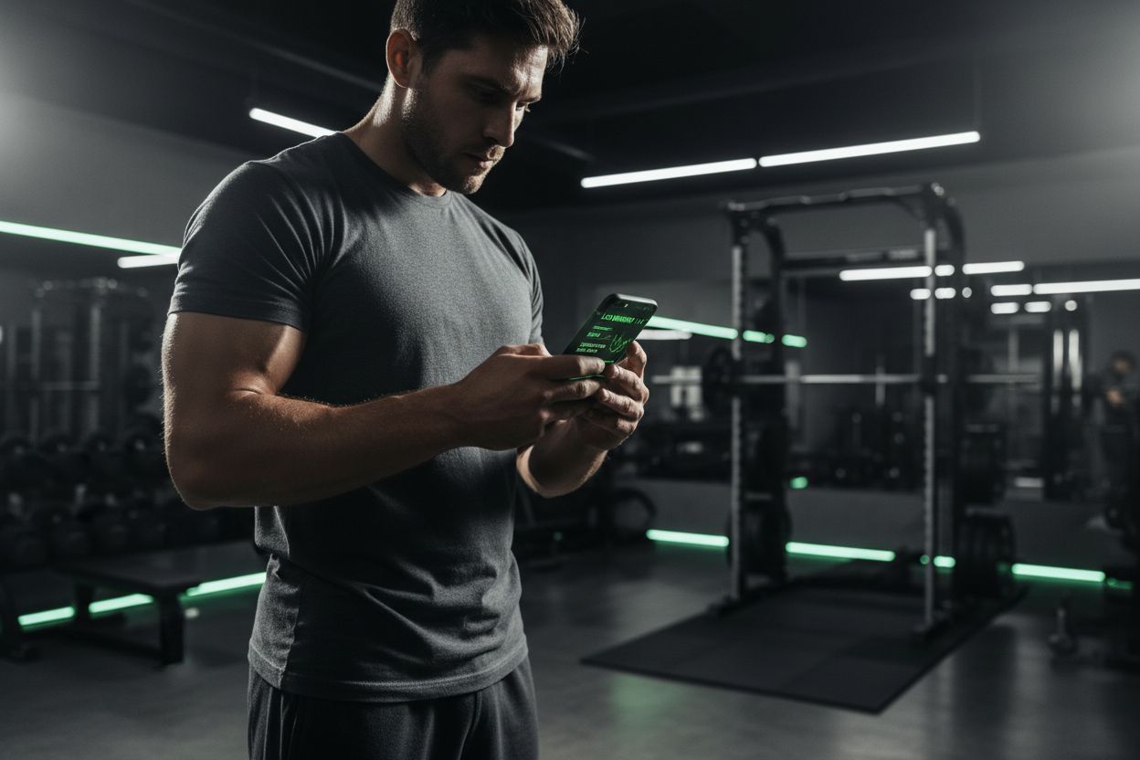 A person logging a workout on a smartphone in a gym
