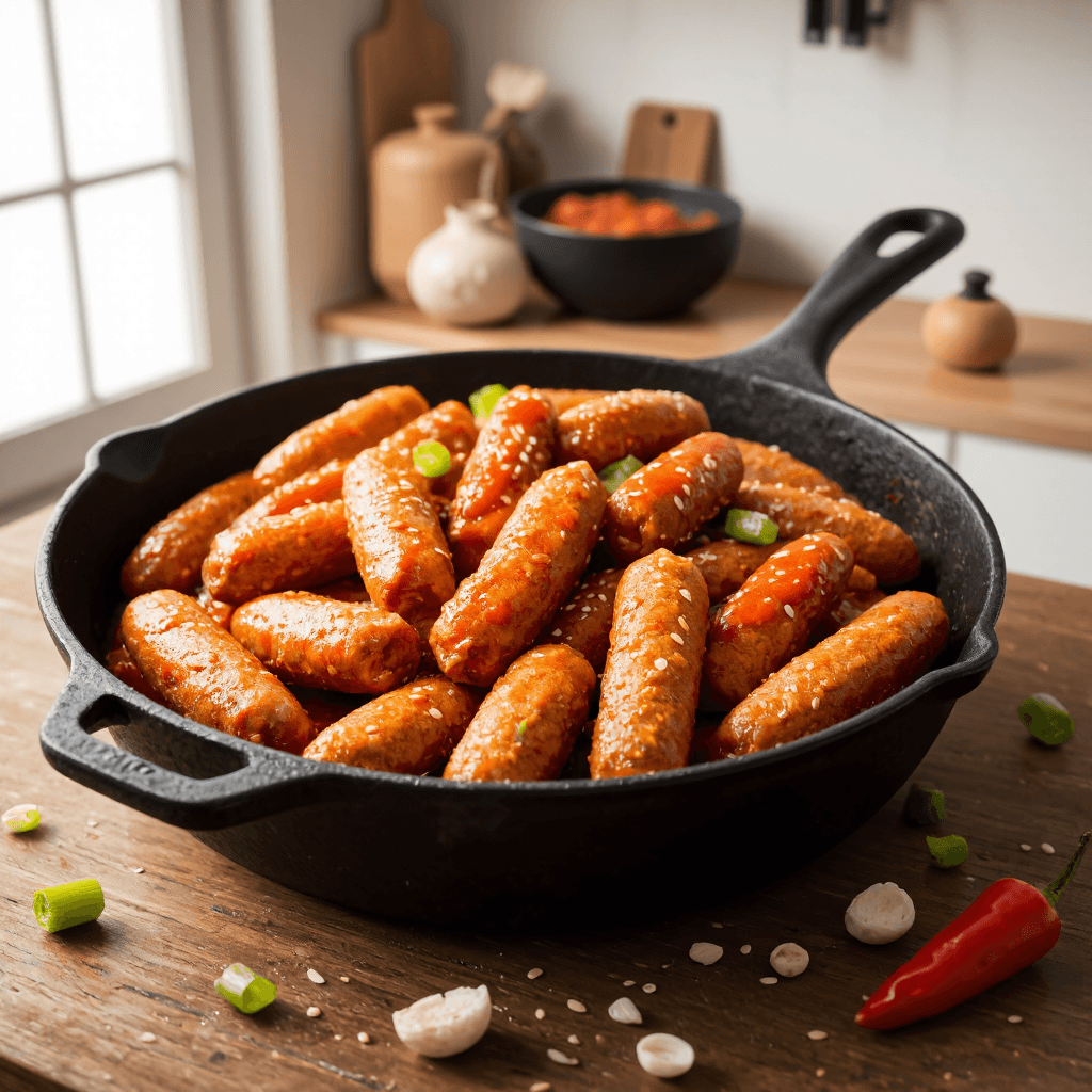 product photography of a cast iron skillet of spicy rice cakes