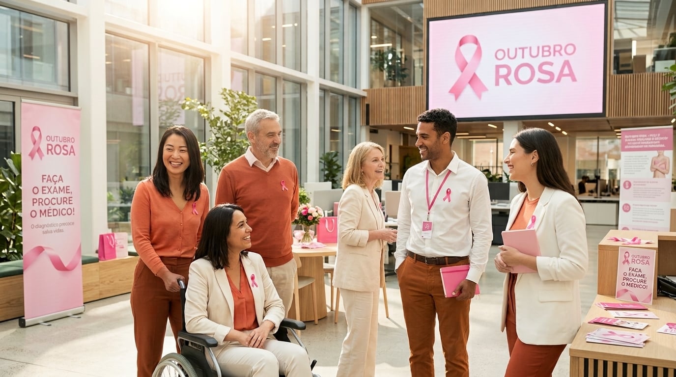 Colaboradoras sorrindo em escritório iluminado, em campanha de Outubro Rosa nas empresas