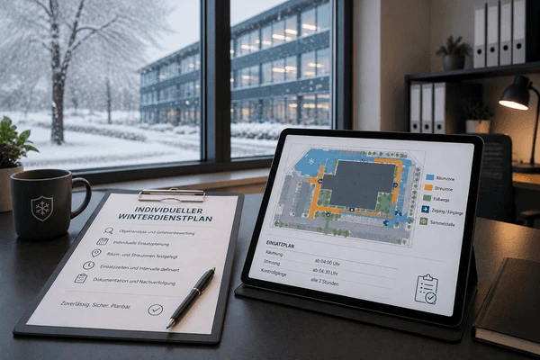 Ein organisierter Arbeitsplatz mit einem Klemmbrett zum Thema „Individueller Winterdienstplan“ und einem Tablet, das einen farbcodierten Lageplan mit Räum- und Streuzonen zeigt, vor einem winterlichen Fenster.