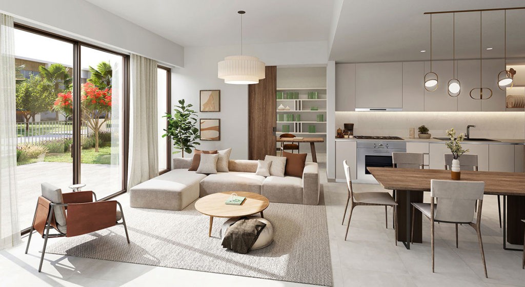 A modern living room and dining area featuring large windows with a view of the outdoors at Orania The Valley.