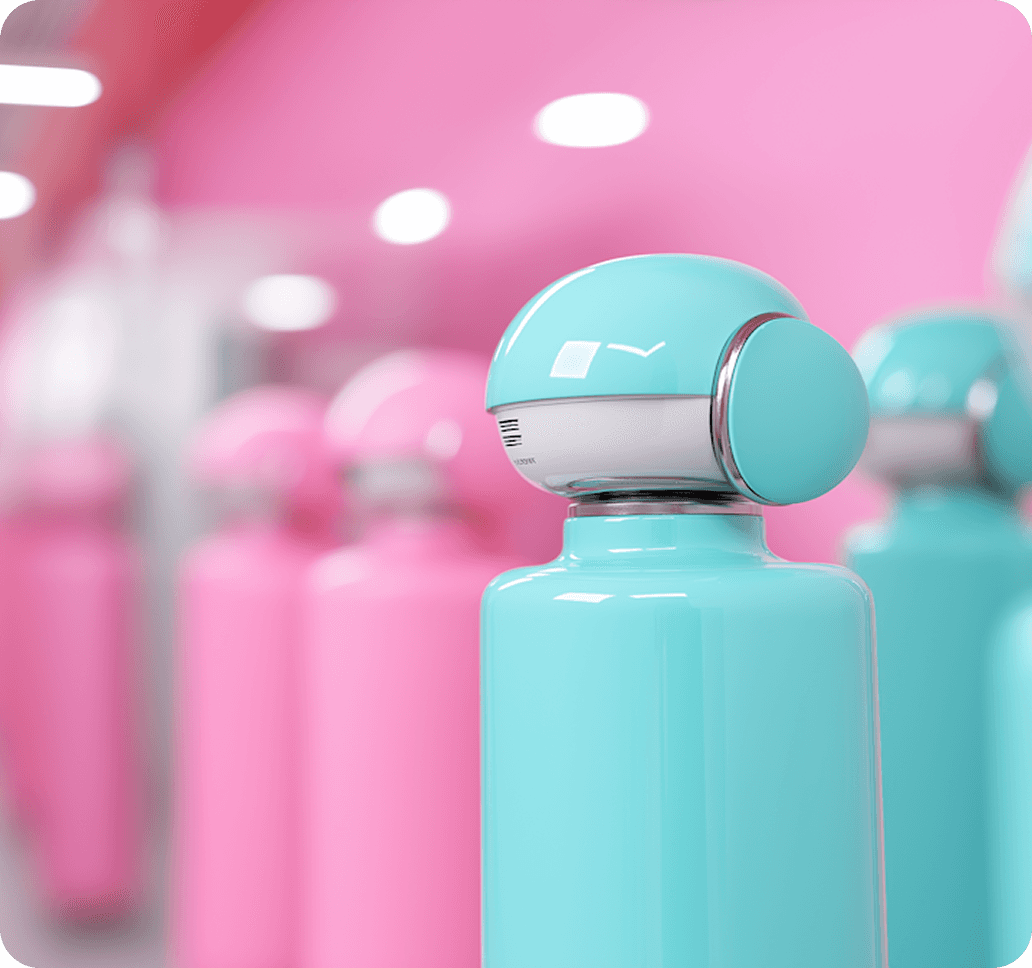 Cute pastel-blue robot bottle in front of blurred pink and blue robot bottles on a glossy pink background.