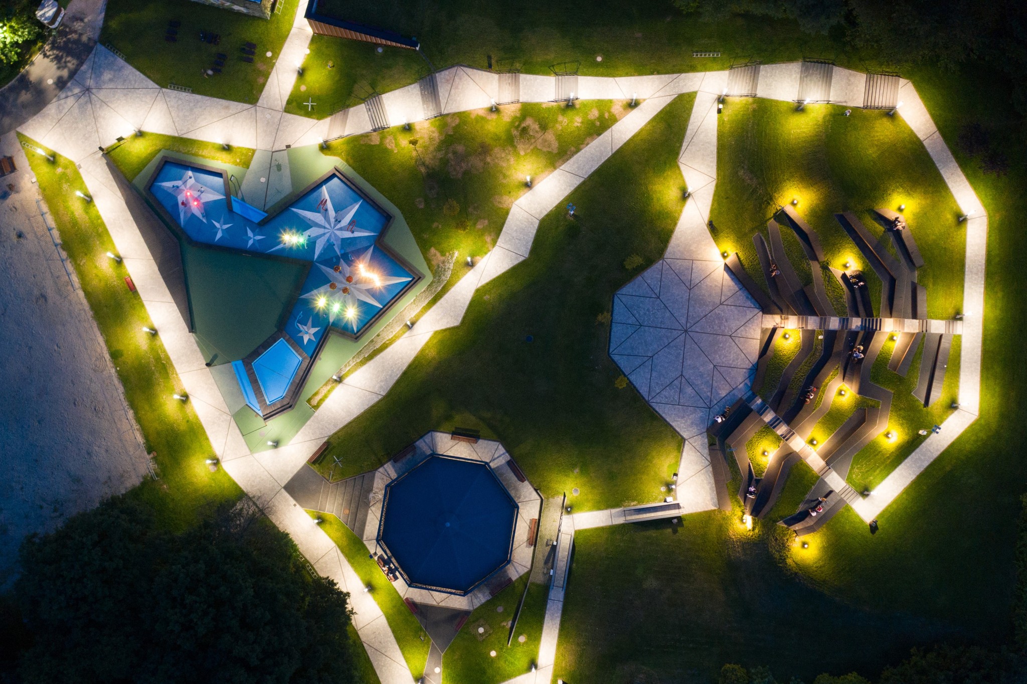 Night view of the landscaping from above