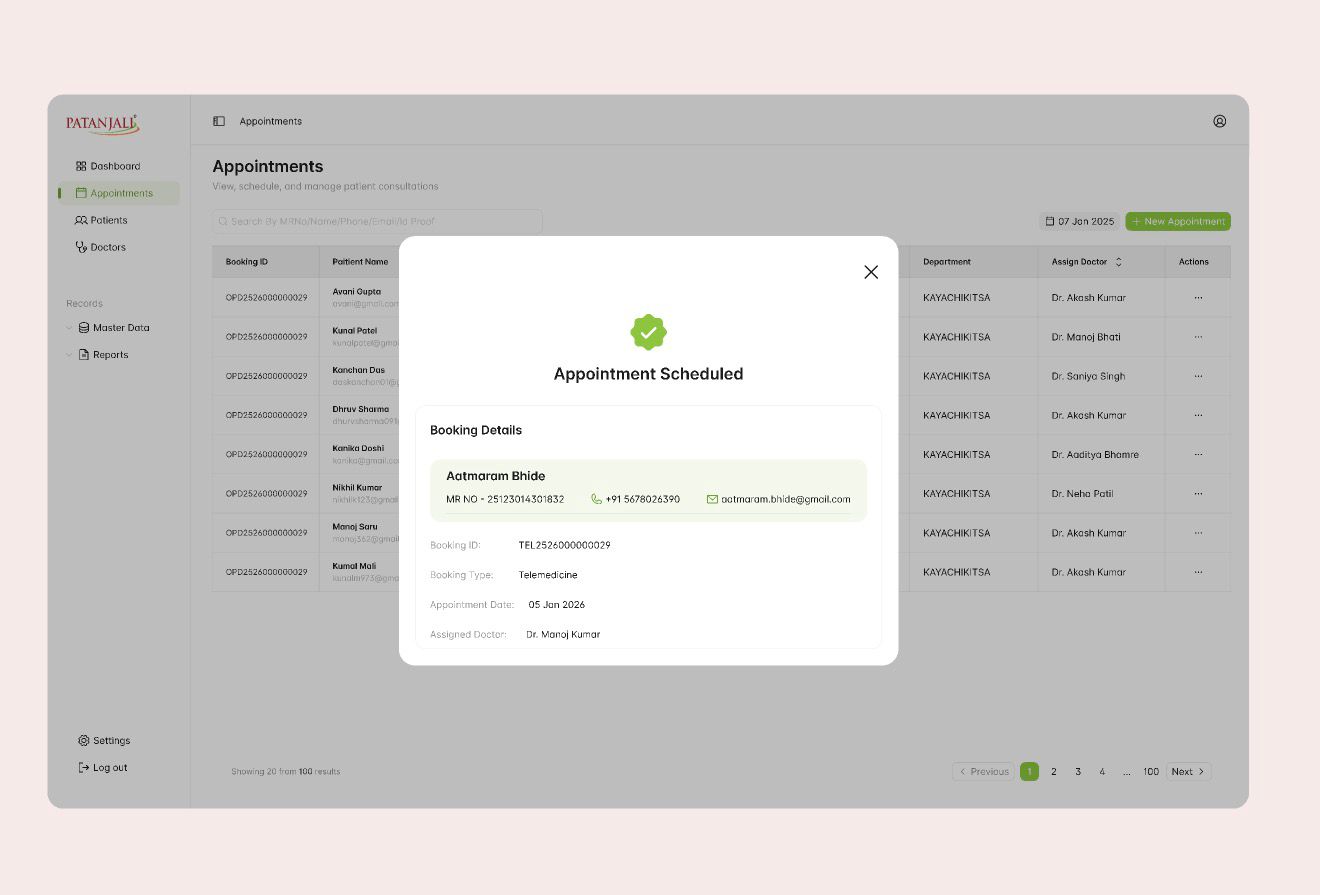 Appointment Scheduled confirmation with booking ID, type, date and assigned doctor